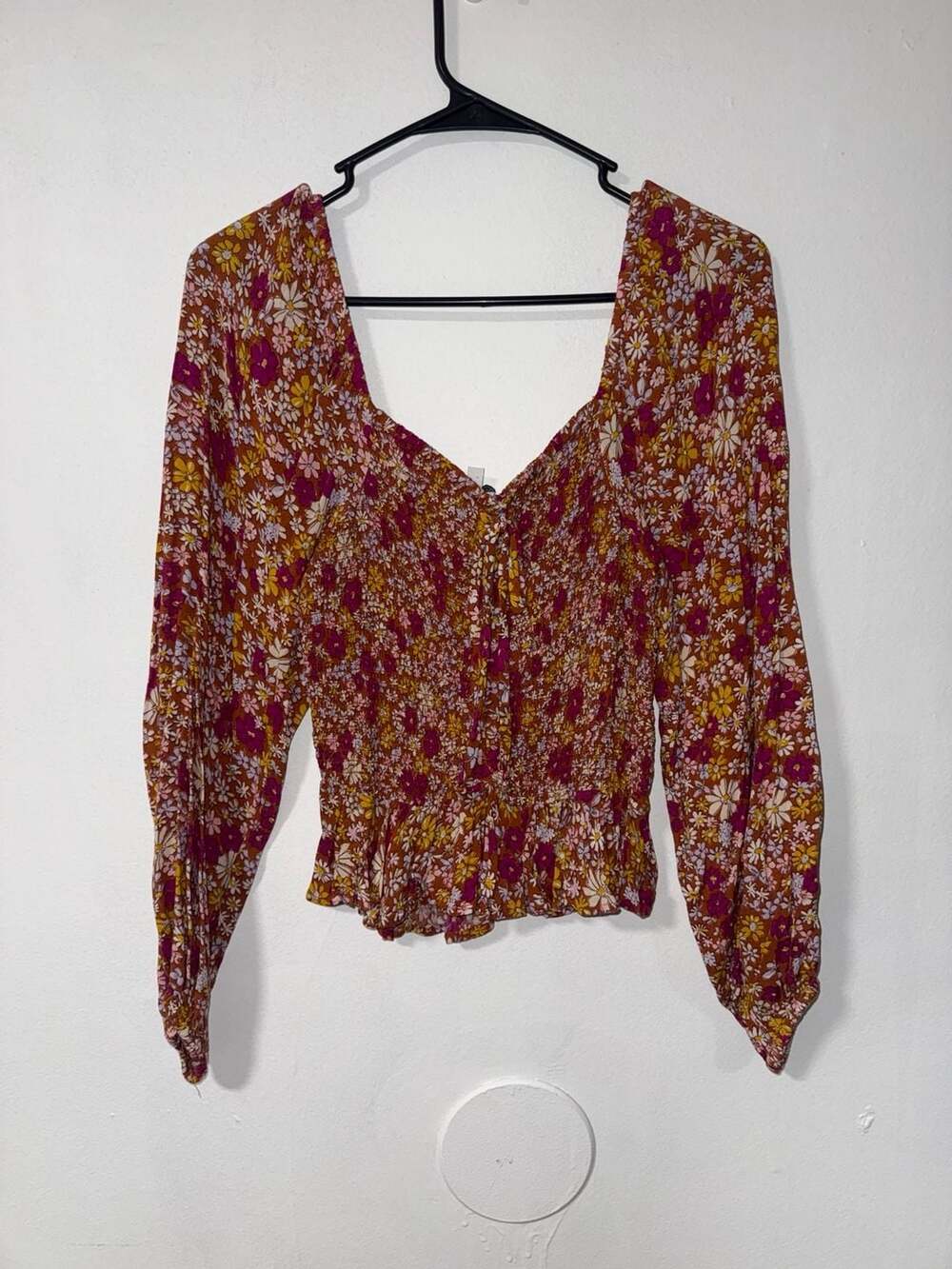 Patrons of Peace Multi Floral Print Square Neck Long Sleeve Smocked Peplum Blous